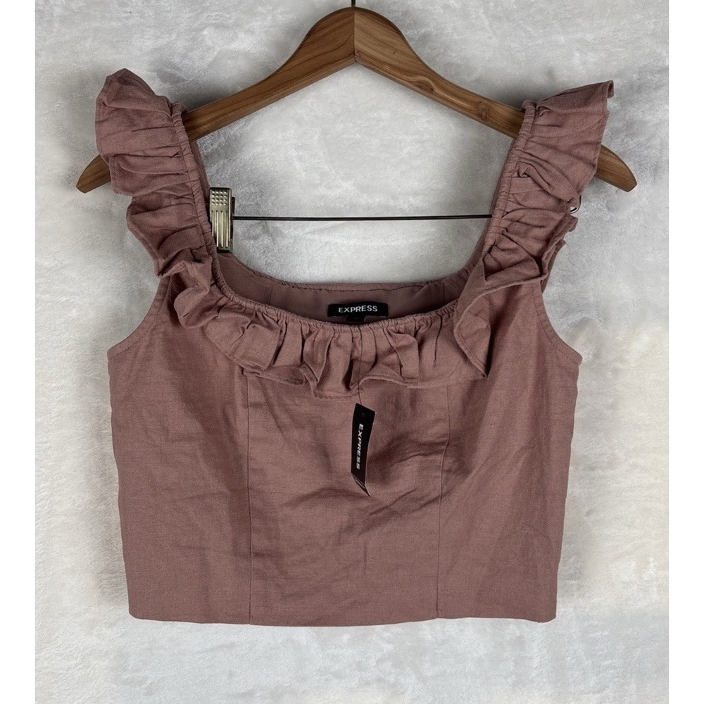 Express Womens XS Ruffle Crop Top Linen Blend Open Back Tank Side Zip Summer Y2K